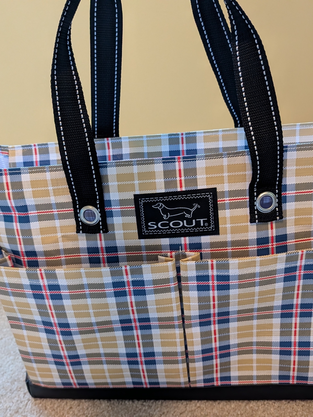 SCOUT Plaid Tote in Tan, Navy & Red with Black Handles